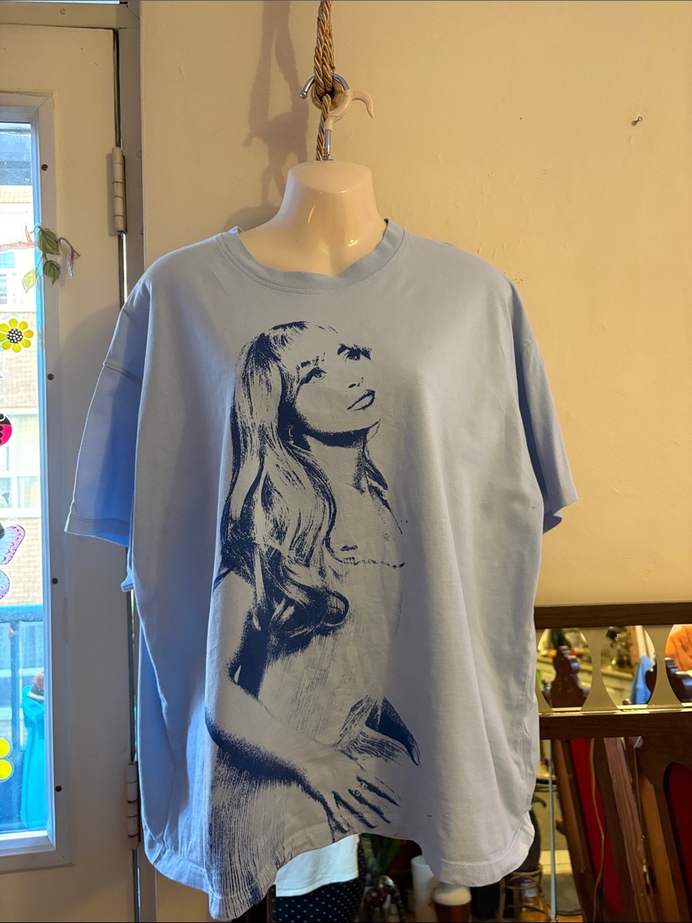 Bershka Sky Blue Tee with Navy Portrait Graphic. Cotton